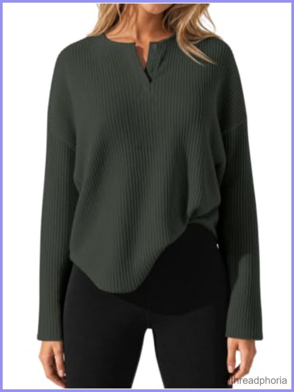 Ribbed Knit Henley Tunic Long Sleeve Button Front Drop Shoulder Top